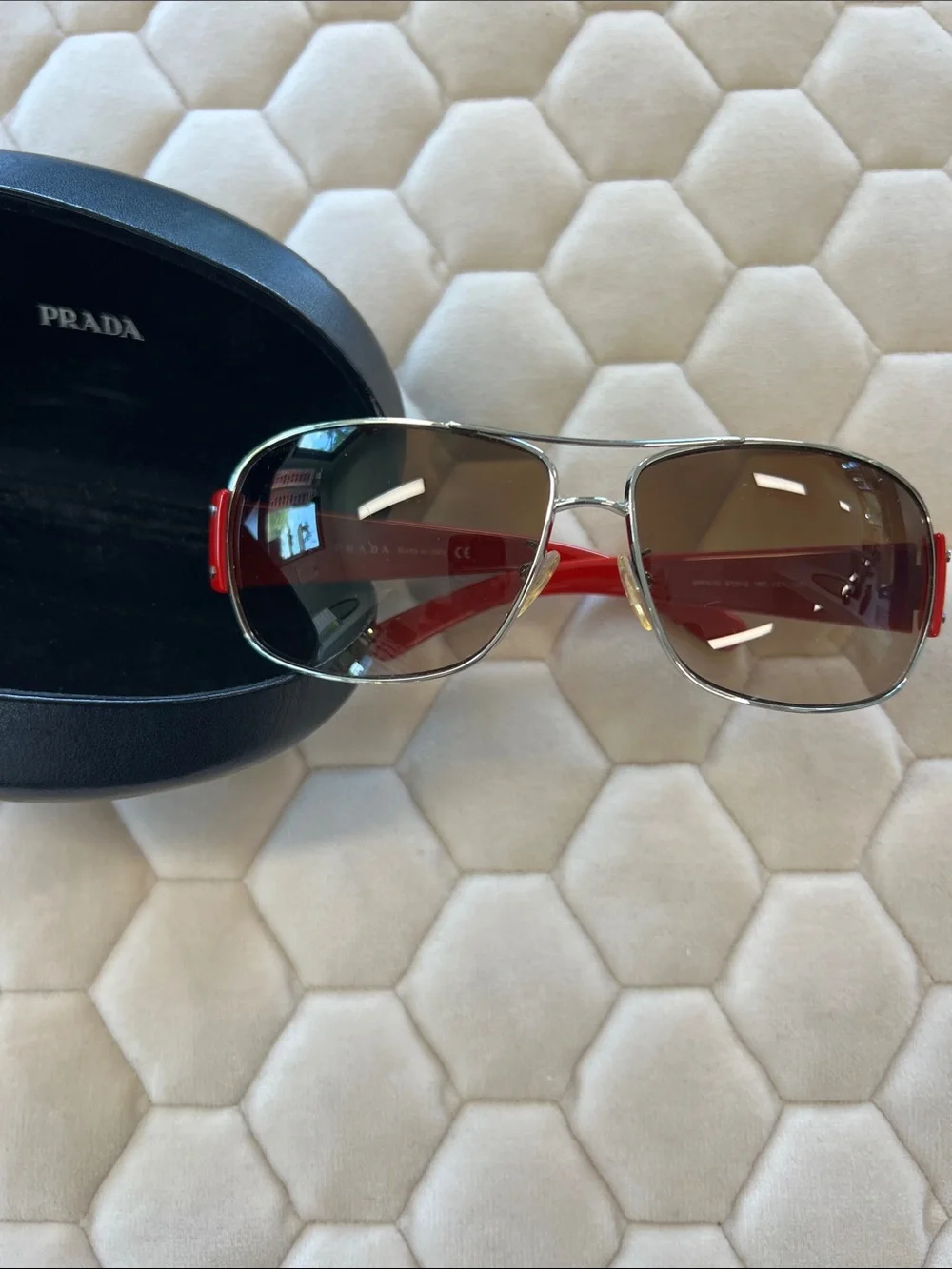 Authentic Prada Men’s Silver Sunglasses with Red Temples